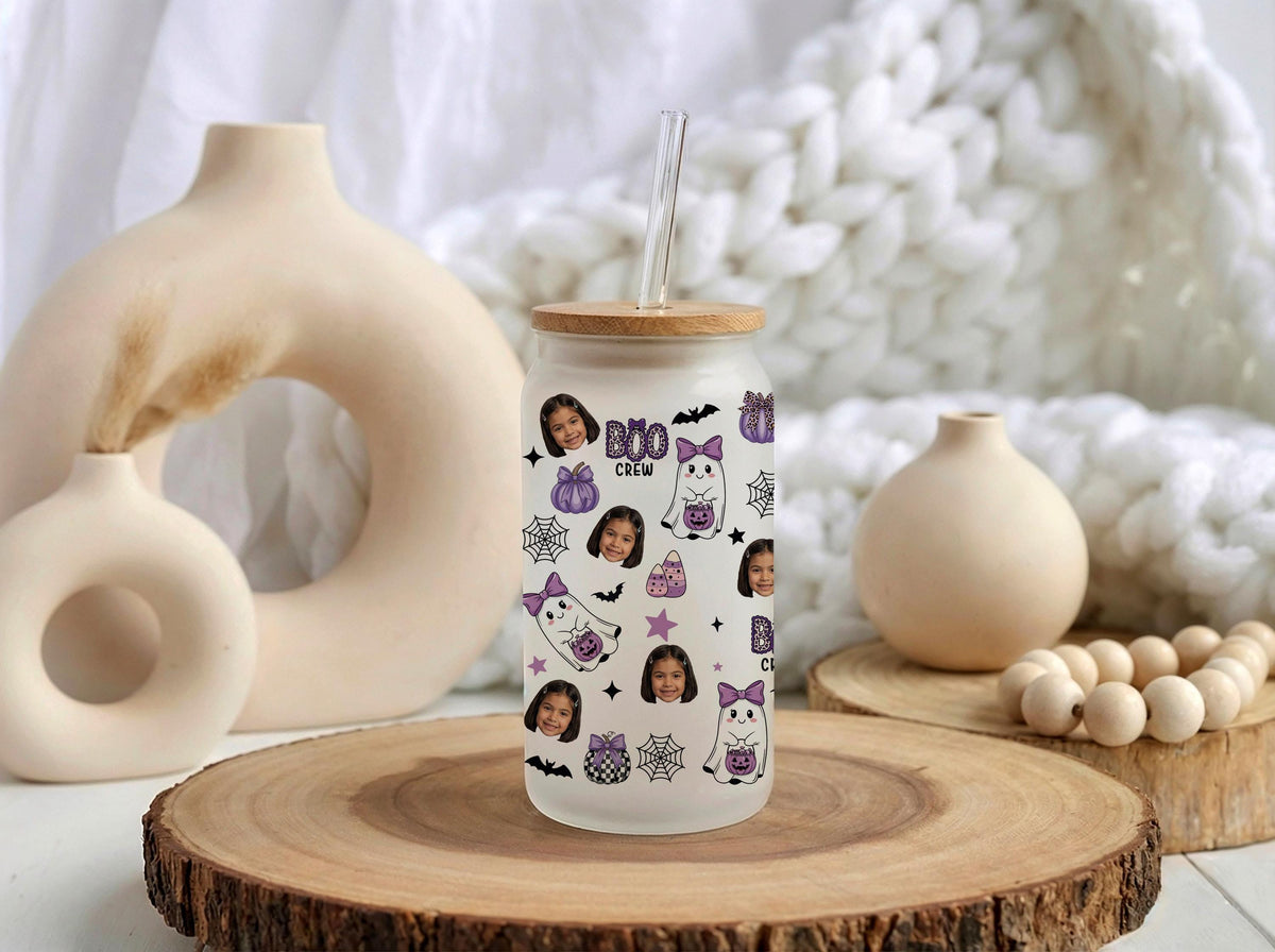 Personalized Photo Boo Crew Glass Tumbler, Custom Halloween Ghosts Kids Cup