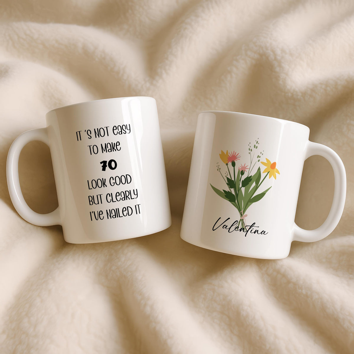 Personalized 70th Birthday Mug, Floral Coffee Cup, Custom Name Ceramic Gift