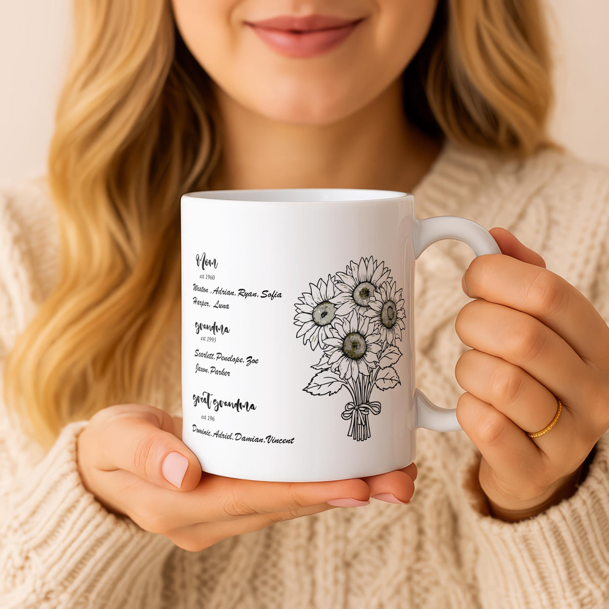 Personalized Family Generations Sunflower Mug, Custom Floral Ceramic Cup