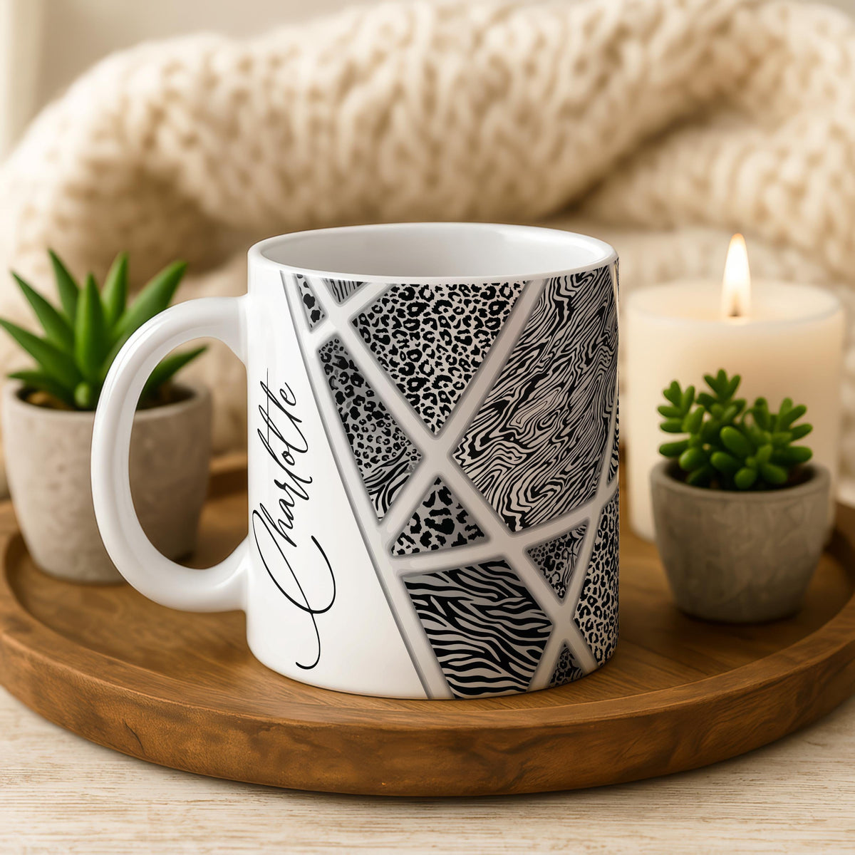 Personalized Animal Print Patchwork Ceramic Mug, Custom Name Coffee Cup