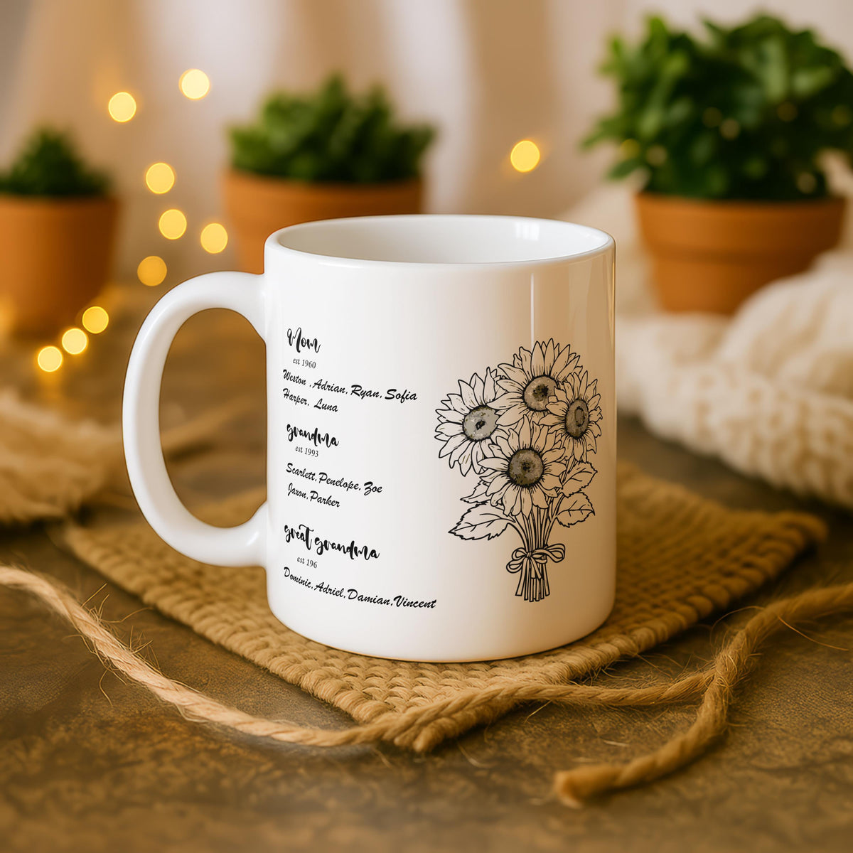Personalized Family Generations Sunflower Mug, Custom Floral Ceramic Cup