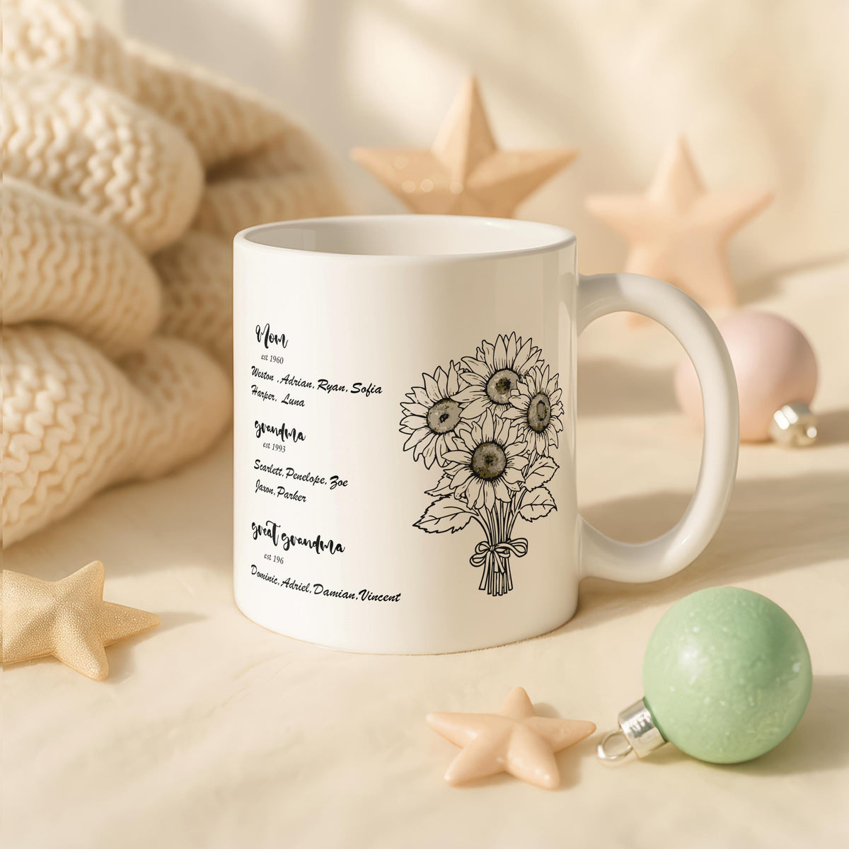 Personalized Family Generations Sunflower Mug, Custom Floral Ceramic Cup