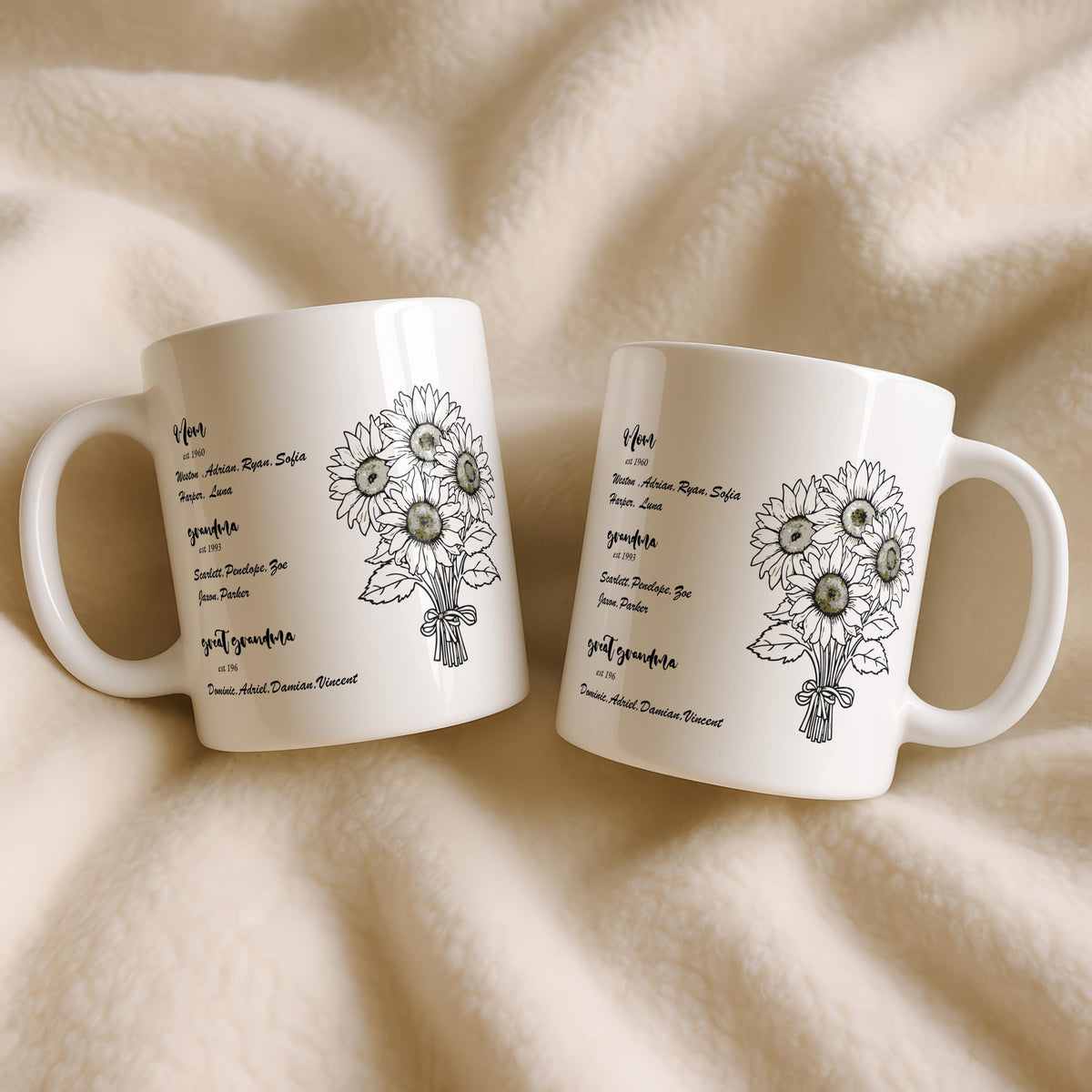 Personalized Family Generations Sunflower Mug, Custom Floral Ceramic Cup