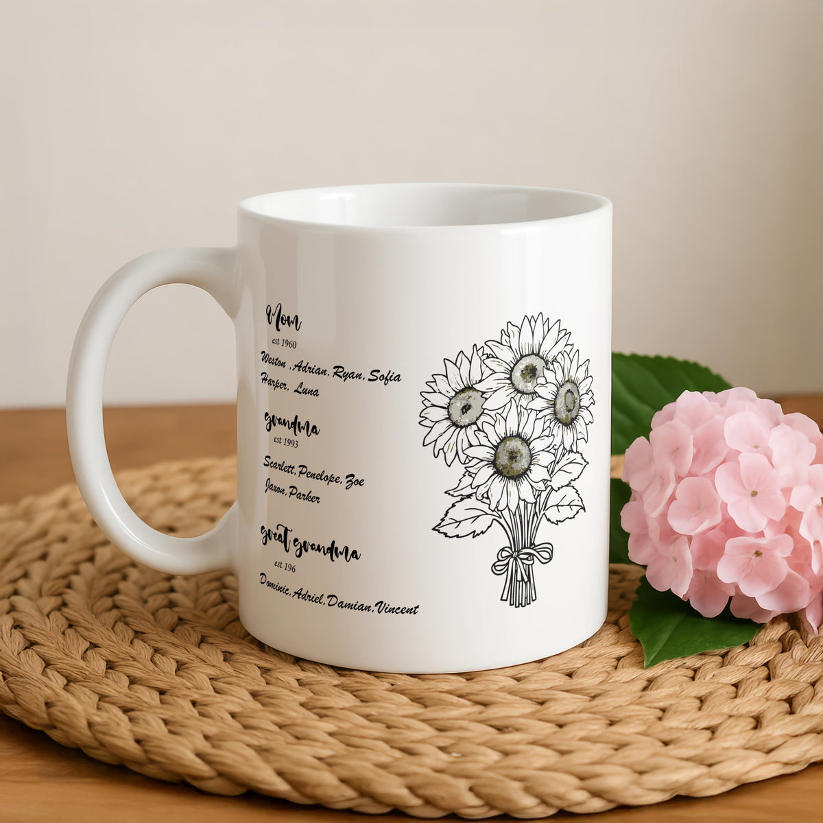 Personalized Family Generations Sunflower Mug, Custom Floral Ceramic Cup