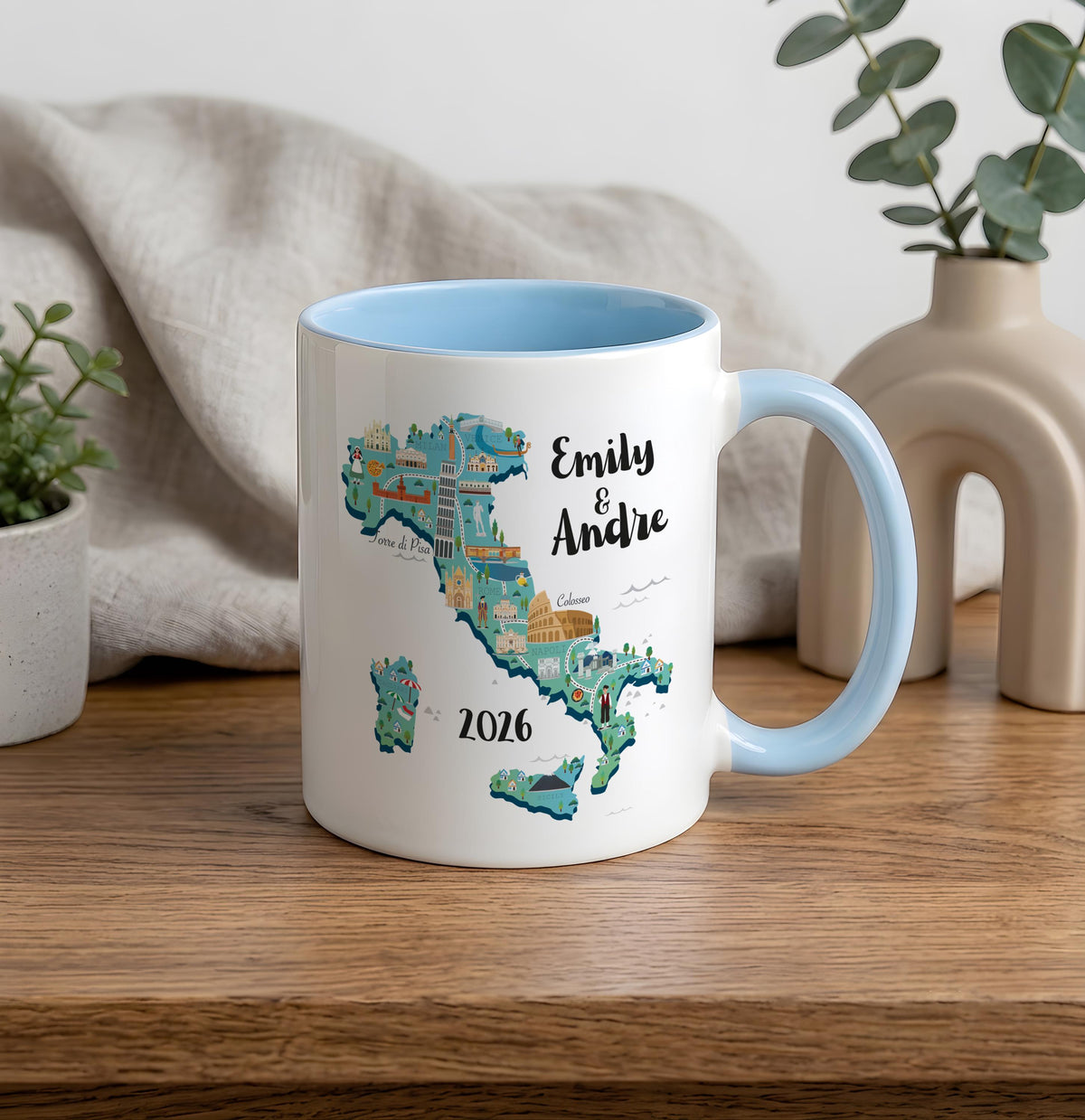 Personalized Italy Map Ceramic Mug, Custom Couple Names Coffee Cup, Travel Memory Gift