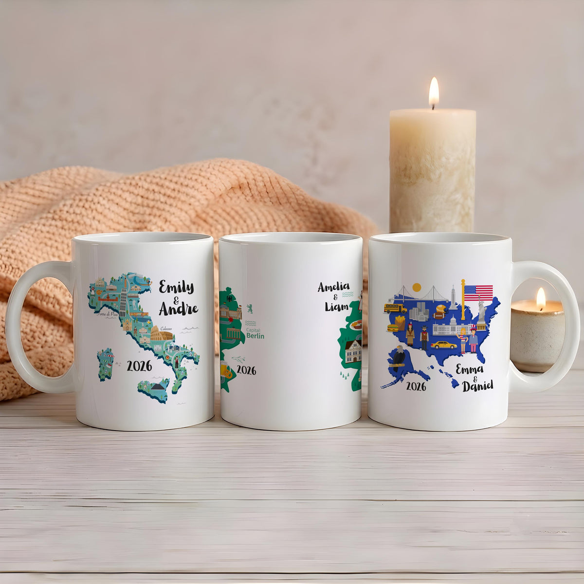 Personalized Italy Map Ceramic Mug, Custom Couple Names Coffee Cup, Travel Memory Gift