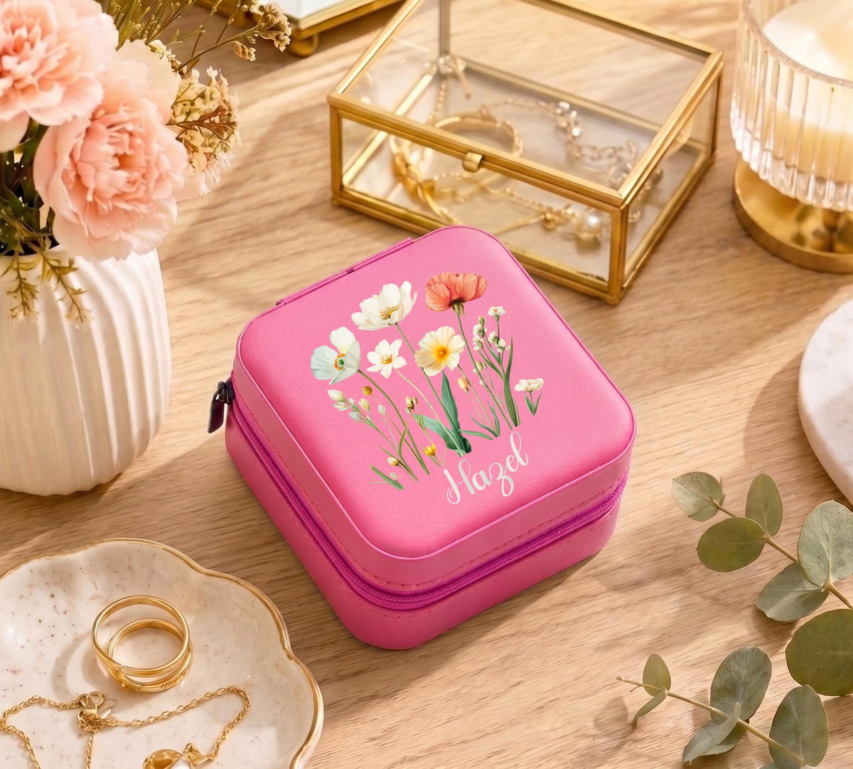 Custom Floral Jewelry Box, Personalized Travel Jewelry Case