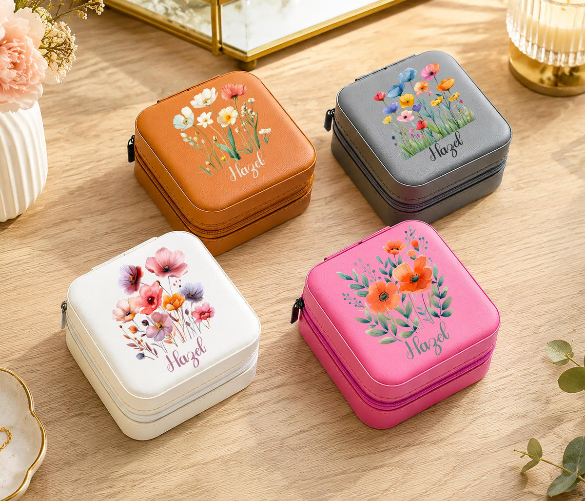 Custom Floral Jewelry Box, Personalized Travel Jewelry Case