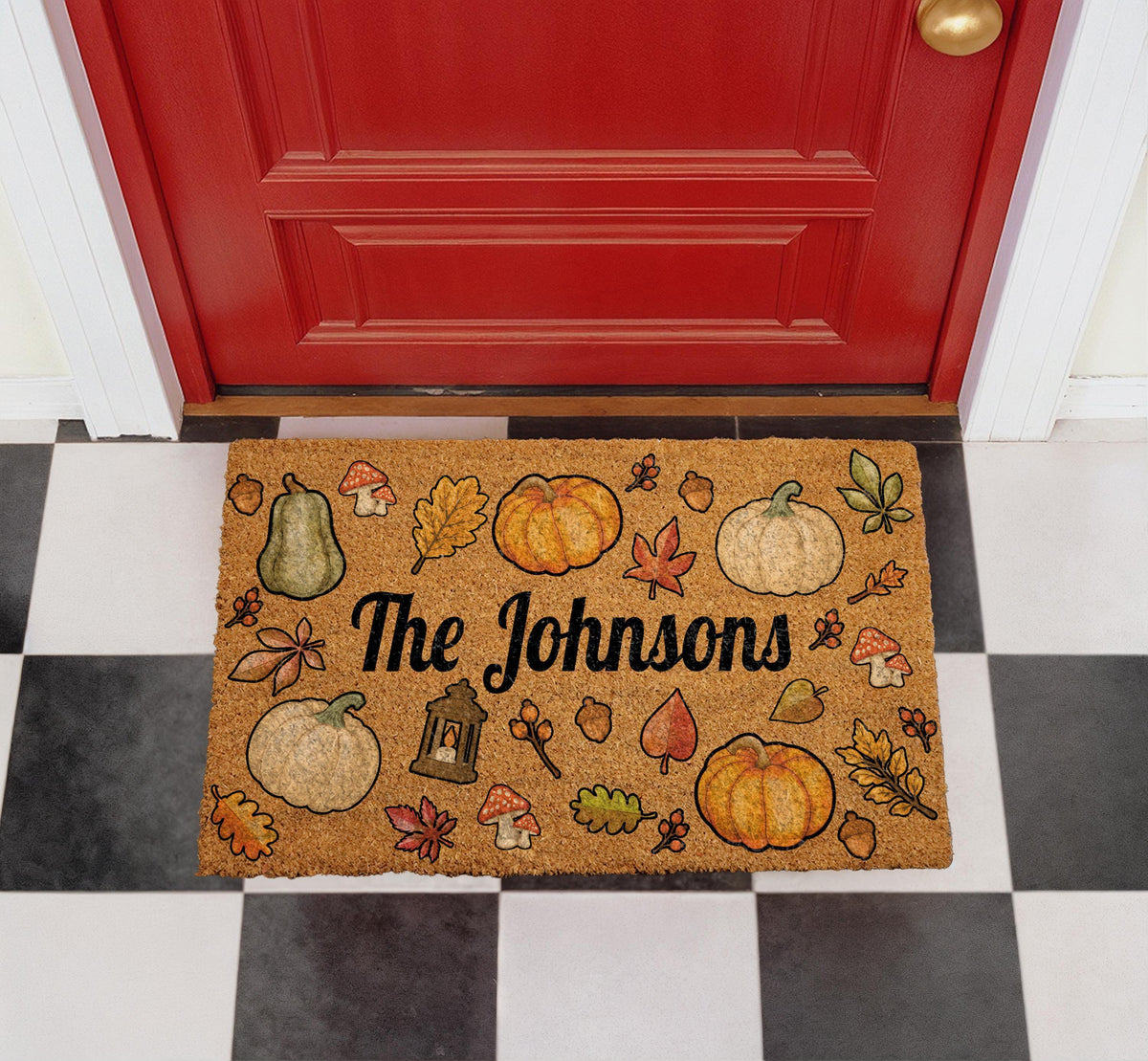 Personalized Family Name Doormat, Autumn Leaves, Pumpkins, Mushrooms (Coir)
