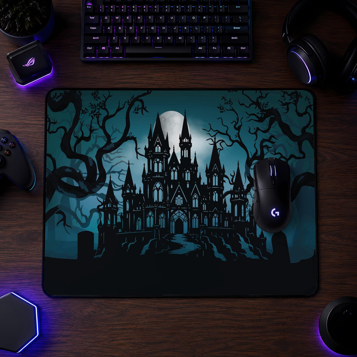 Gothic Vampire Castle Desk Mat, Spooky Witchy Mouse Pad, Halloween Gaming Setup