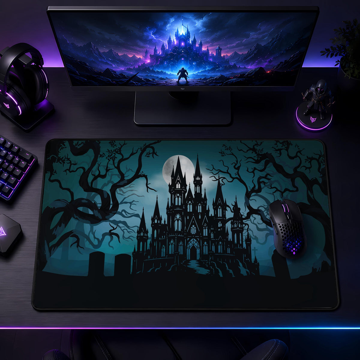 Gothic Vampire Castle Desk Mat, Spooky Witchy Mouse Pad, Halloween Gaming Setup