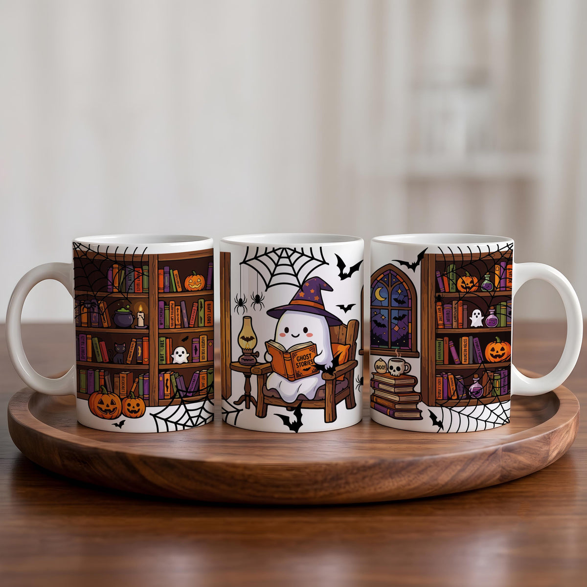 Spooky Bookish Ghost Mug, Halloween Ceramic Coffee Cup, Autumn Book Lover Gift