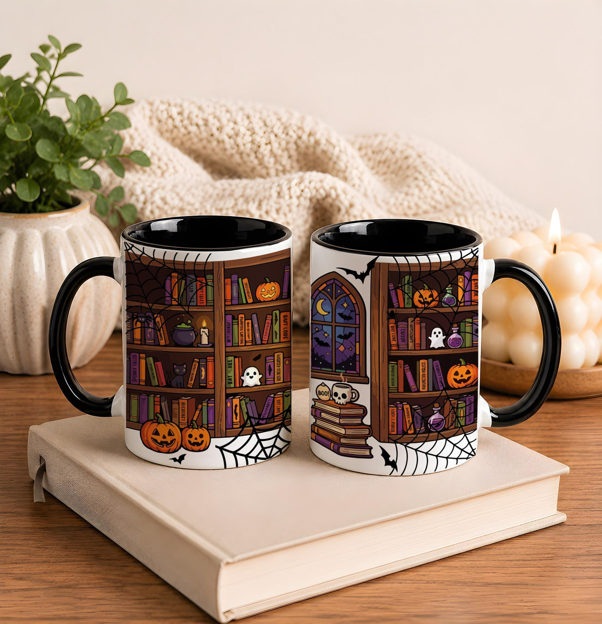 Spooky Bookish Ghost Mug, Halloween Ceramic Coffee Cup, Autumn Book Lover Gift