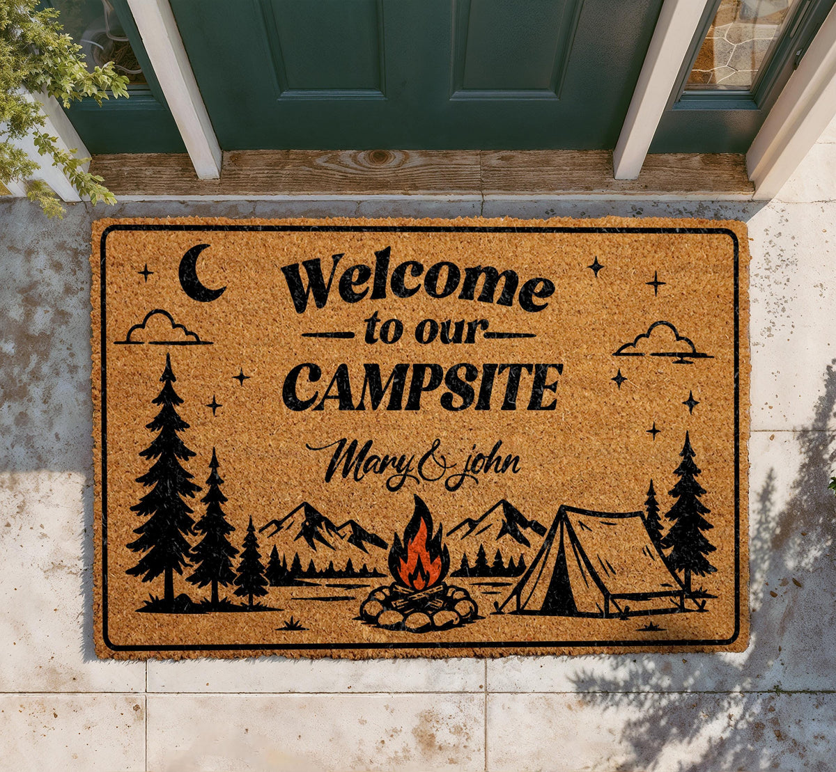 Personalized Campsite Doormat, Custom Camper Welcome Mat, Mountain Cabin Decor