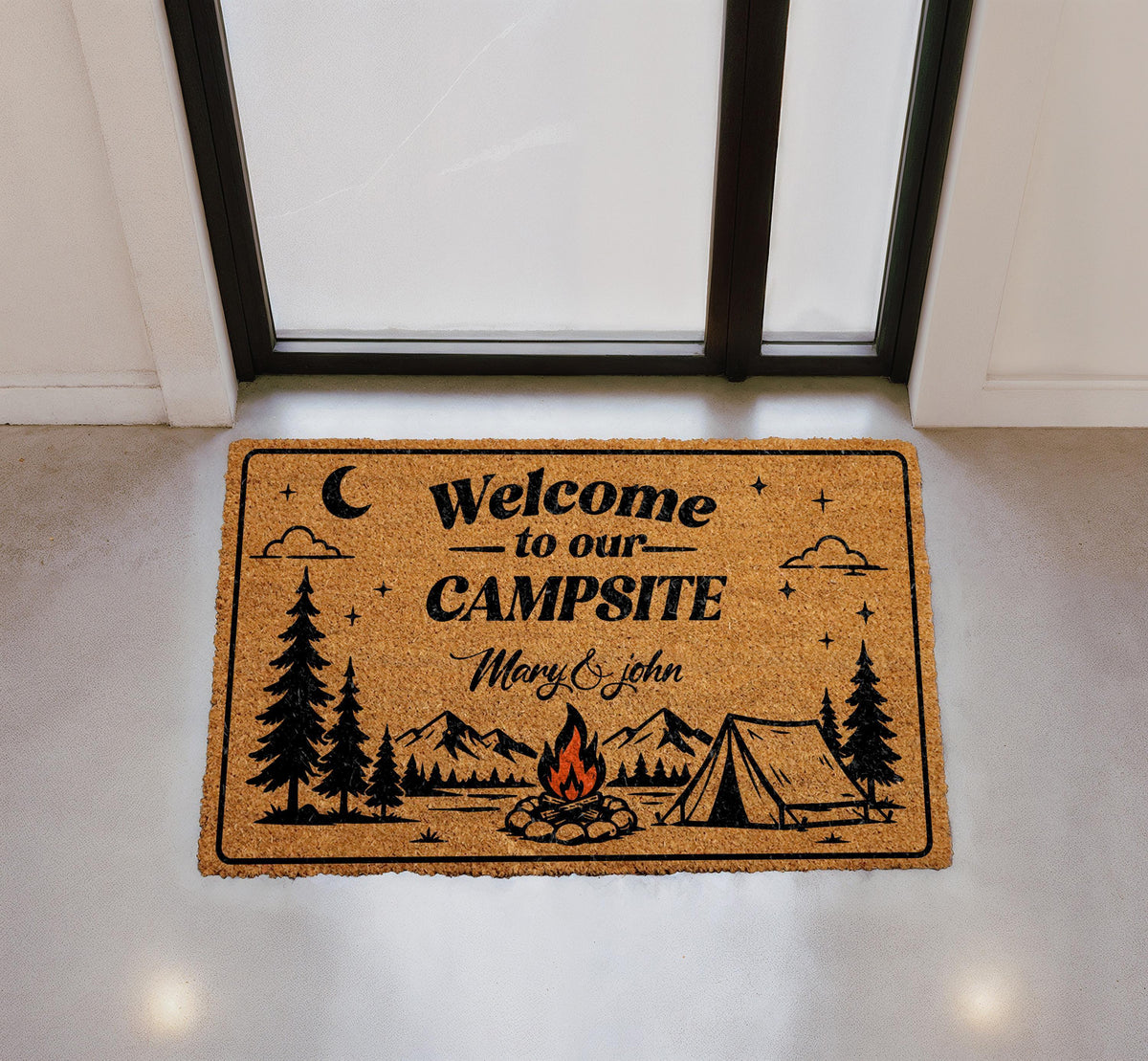Personalized Campsite Doormat, Custom Camper Welcome Mat, Mountain Cabin Decor