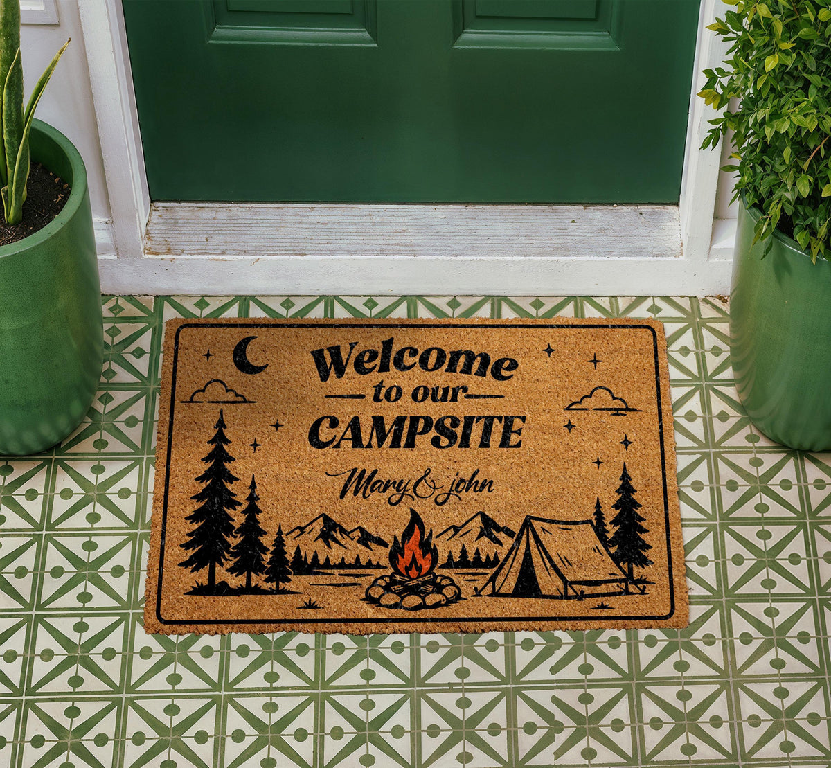 Personalized Campsite Doormat, Custom Camper Welcome Mat, Mountain Cabin Decor