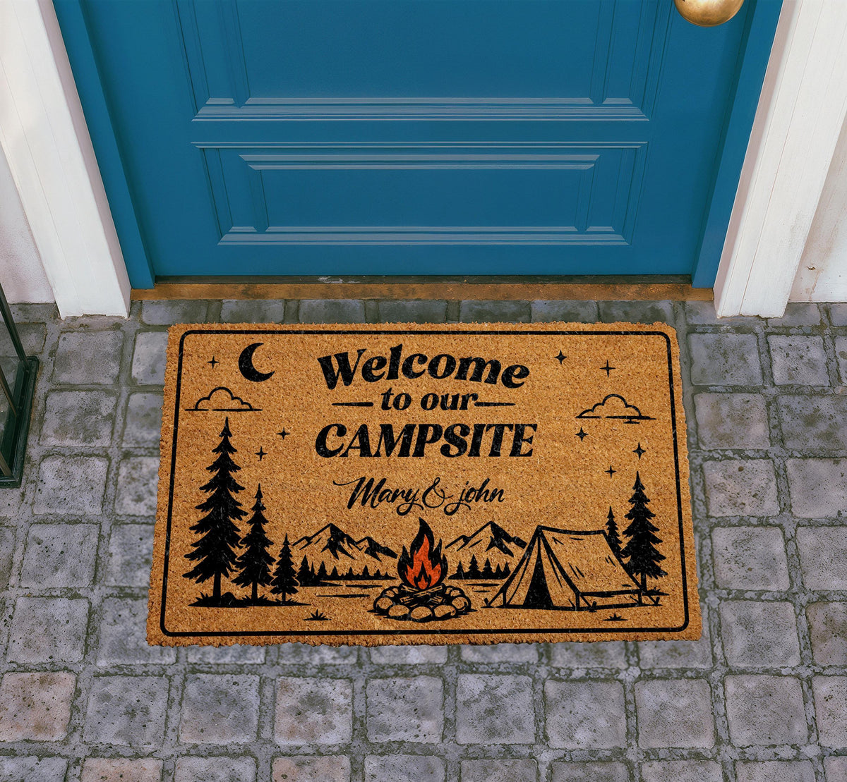 Personalized Campsite Doormat, Custom Camper Welcome Mat, Mountain Cabin Decor