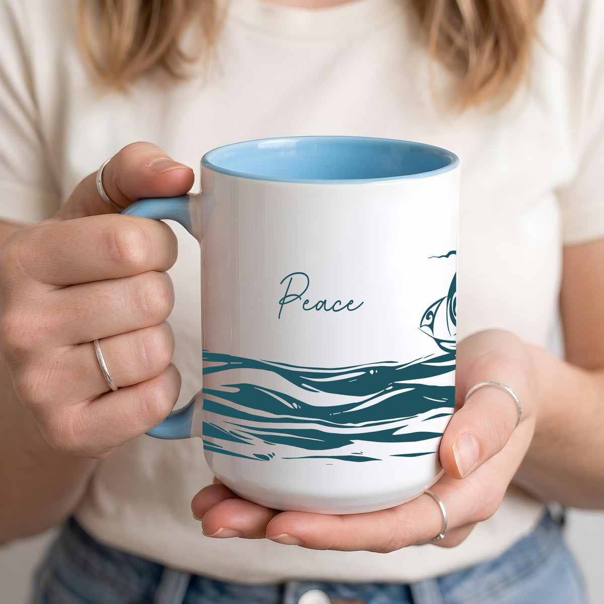Peace Be Still Christian Coffee Mug, Ocean Waves Sailboat Ceramic Cup, Psalm Bible Verse Gift