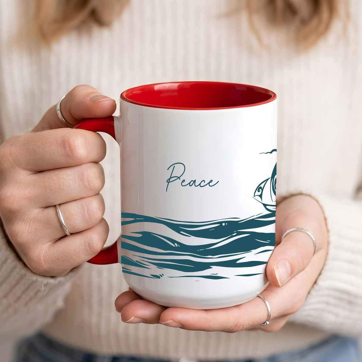 Peace Be Still Christian Coffee Mug, Ocean Waves Sailboat Ceramic Cup, Psalm Bible Verse Gift
