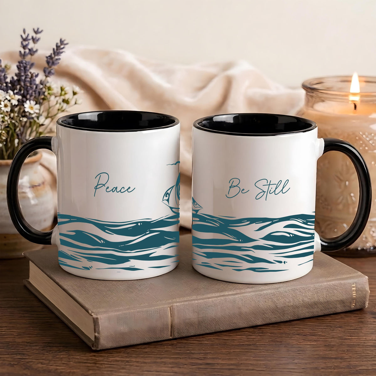 Peace Be Still Christian Coffee Mug, Ocean Waves Sailboat Ceramic Cup, Psalm Bible Verse Gift