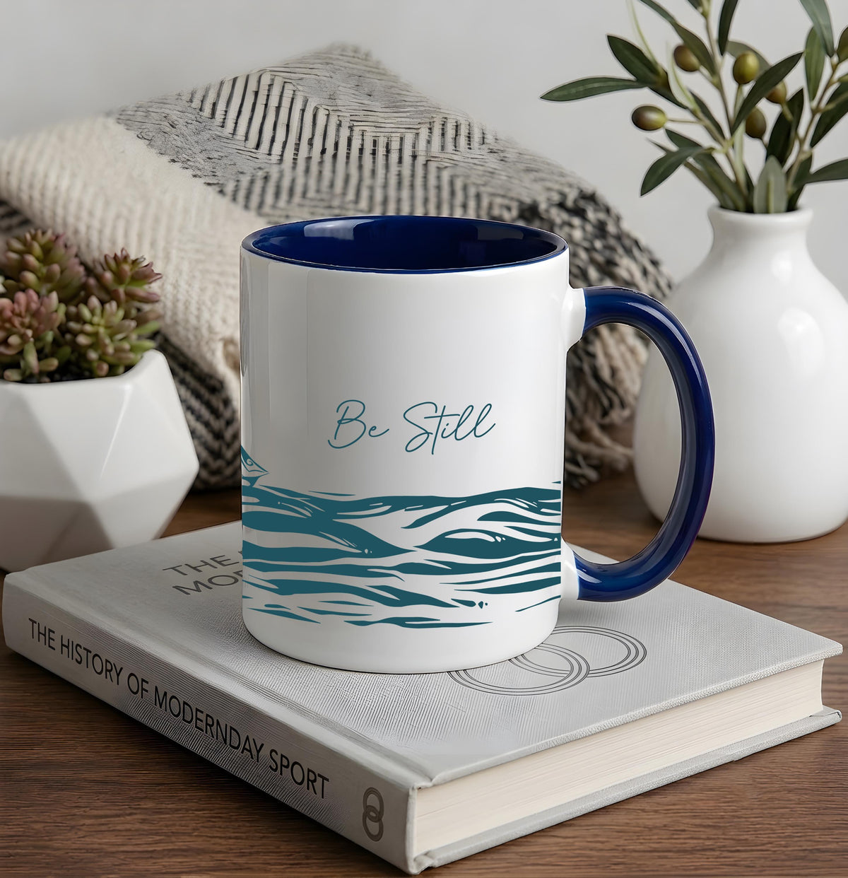Peace Be Still Christian Coffee Mug, Ocean Waves Sailboat Ceramic Cup, Psalm Bible Verse Gift