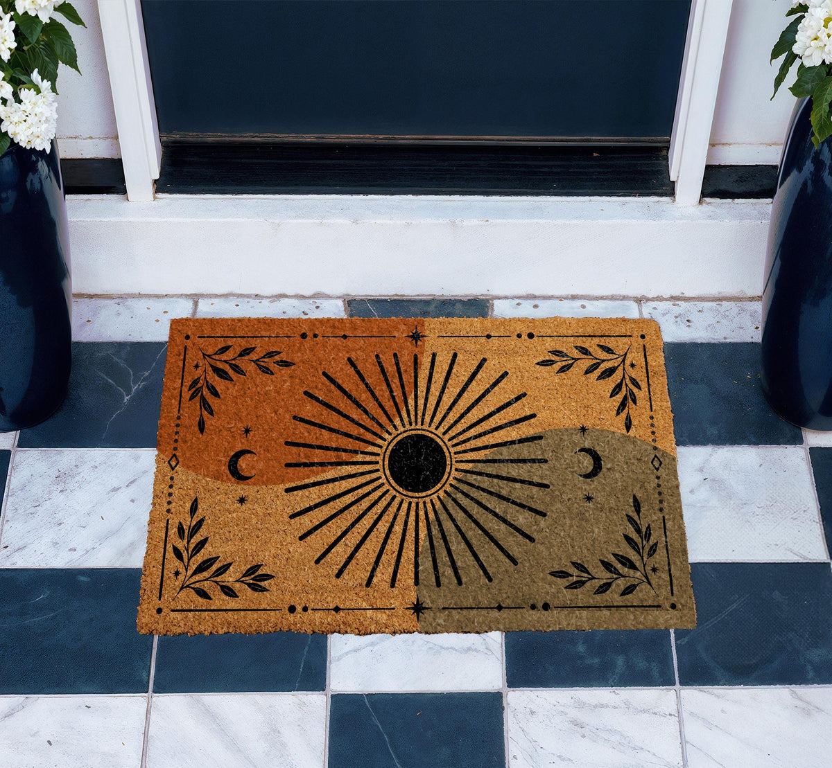Celestial Sun Moon Doormat, Mystical Boho Welcome Mat, Sunburst Porch Decor