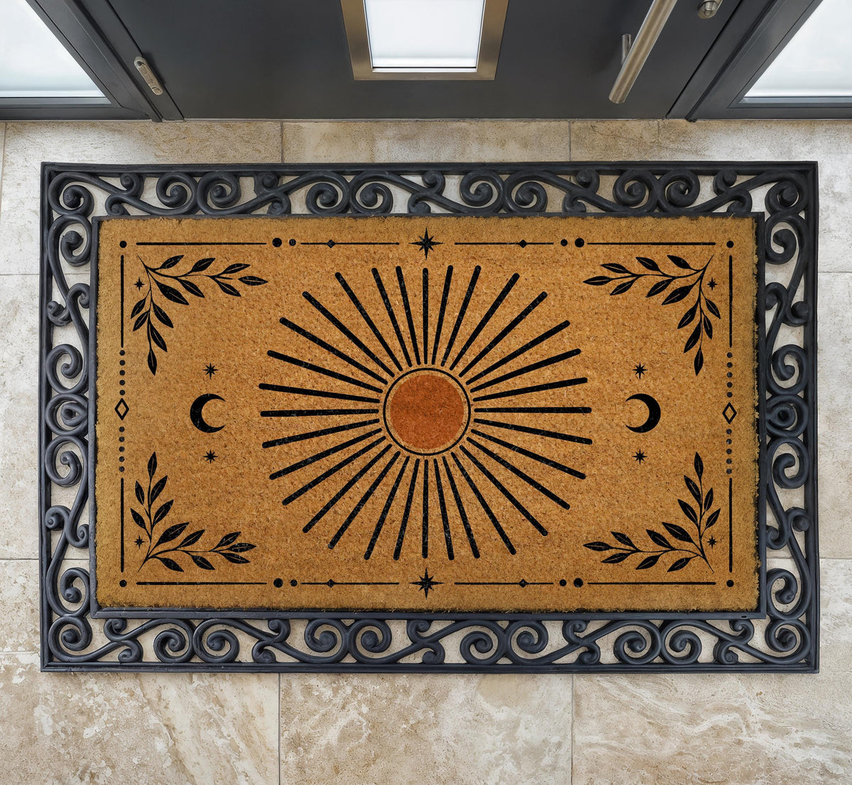 Celestial Sun Moon Doormat, Mystical Boho Welcome Mat, Sunburst Porch Decor