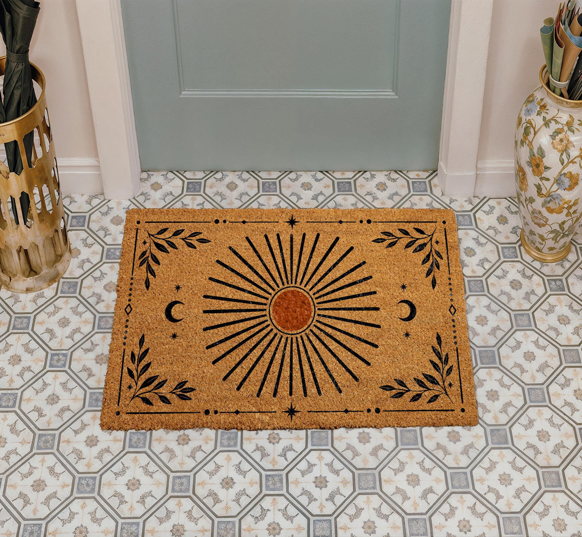 Celestial Sun Moon Doormat, Mystical Boho Welcome Mat, Sunburst Porch Decor