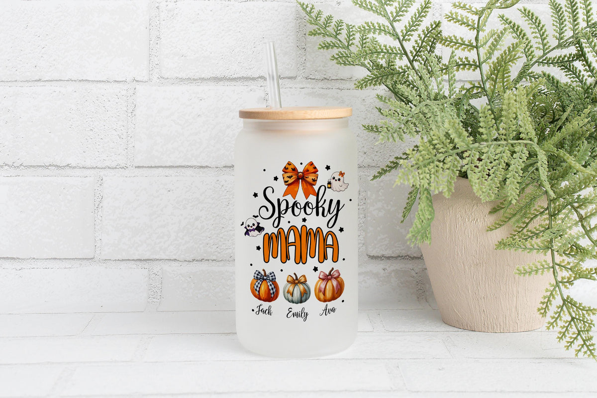 Custom Spooky Mama Iced Coffee Cup with Kids Name, Personalized Pumpkin Season Mother Glassware