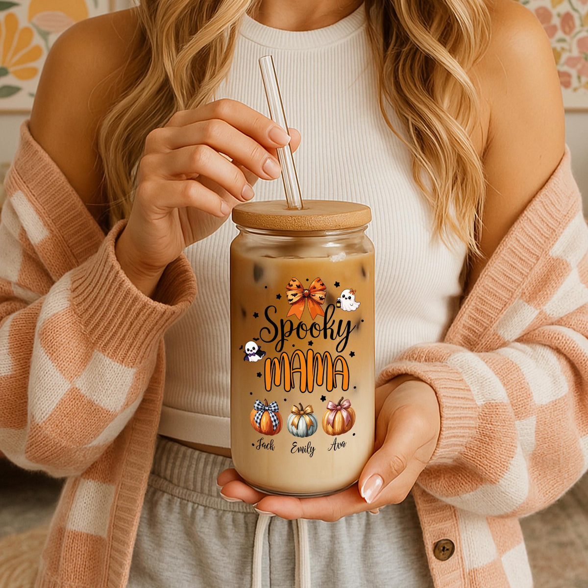 Custom Spooky Mama Iced Coffee Cup with Kids Name, Personalized Pumpkin Season Mother Glassware