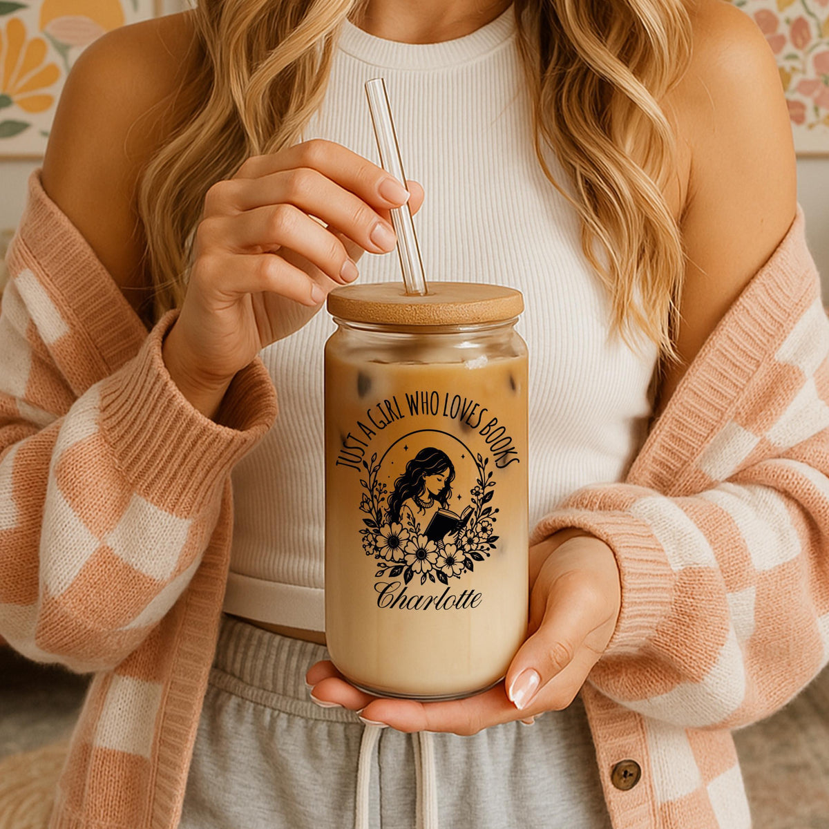 Custom Name Boho Floral Bookworm Can Glass Tumbler