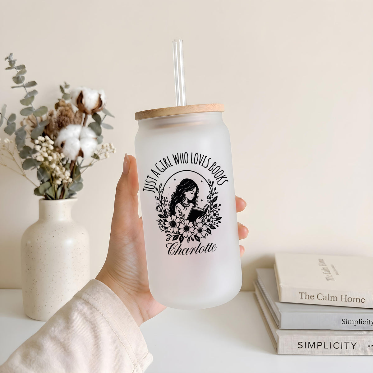 Custom Name Boho Floral Bookworm Can Glass Tumbler