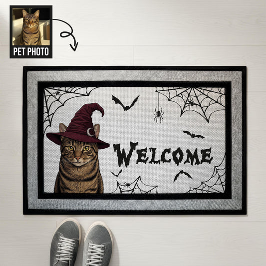 Custom Cat Doormat, Witch Cat Halloween Mat, Spooky Welcome Mat, Racetrack Indoor Rug, Personalized Pet Portrait, Spider Web Decor