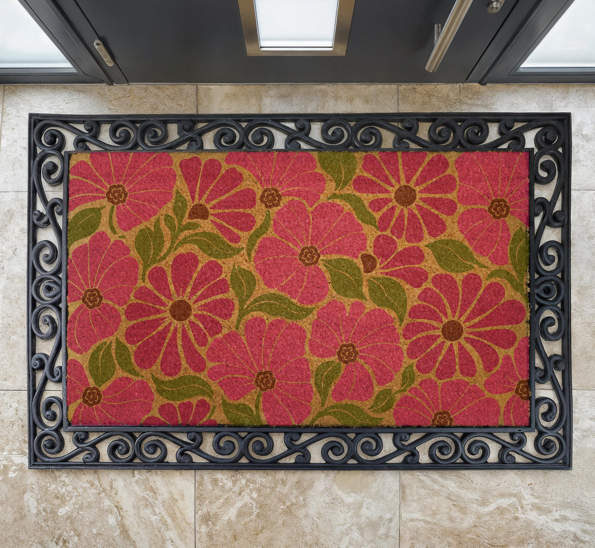 Floral Coir Doormat, Maximalist Flower Welcome Mat, Spring Porch Decor