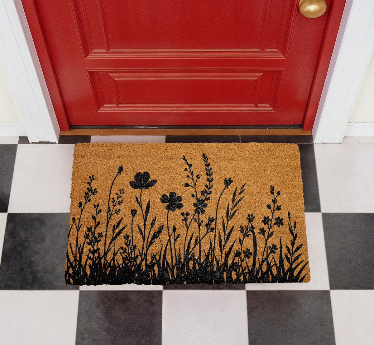 Natural Coir Floral Doormat, Black Silhouette Farmhouse Entryway Rug