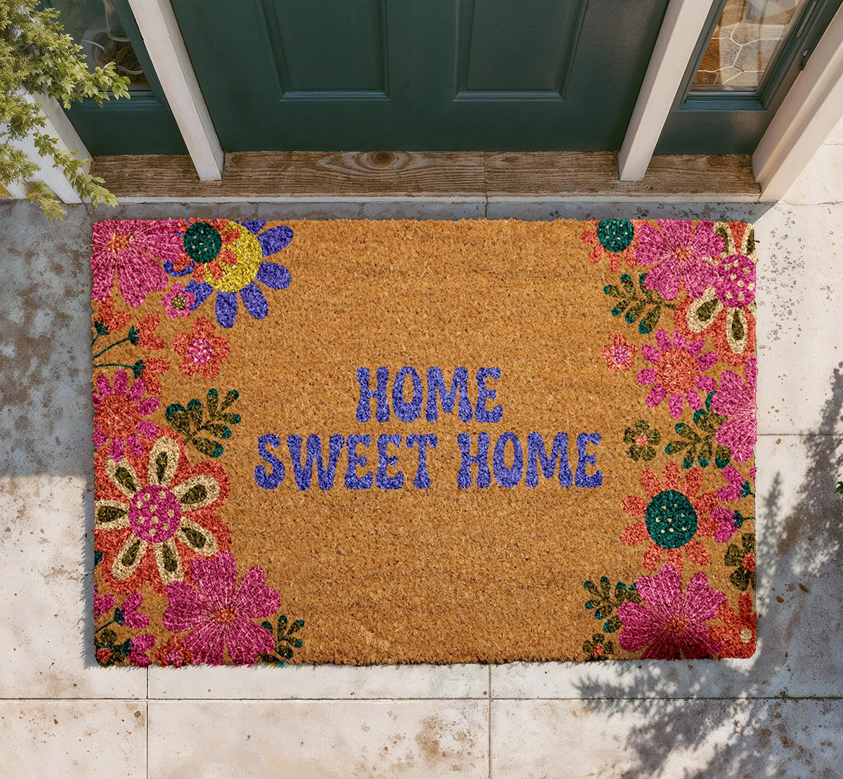 Home Sweet Home Doormat, Colorful Floral Botanical Coir Mat, Outdoor Entry Rug