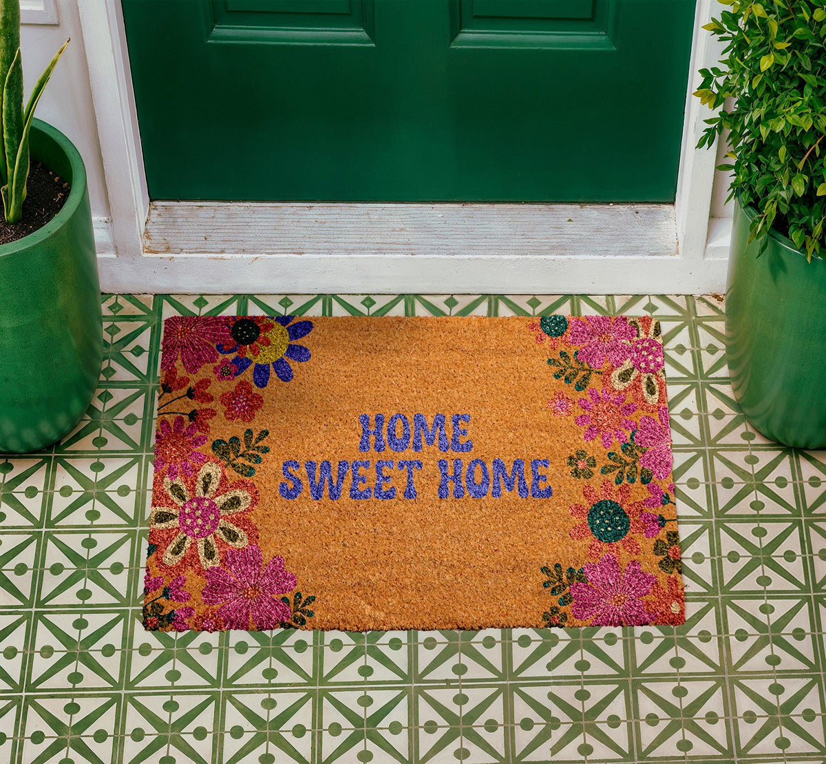 Home Sweet Home Doormat, Colorful Floral Botanical Coir Mat, Outdoor Entry Rug