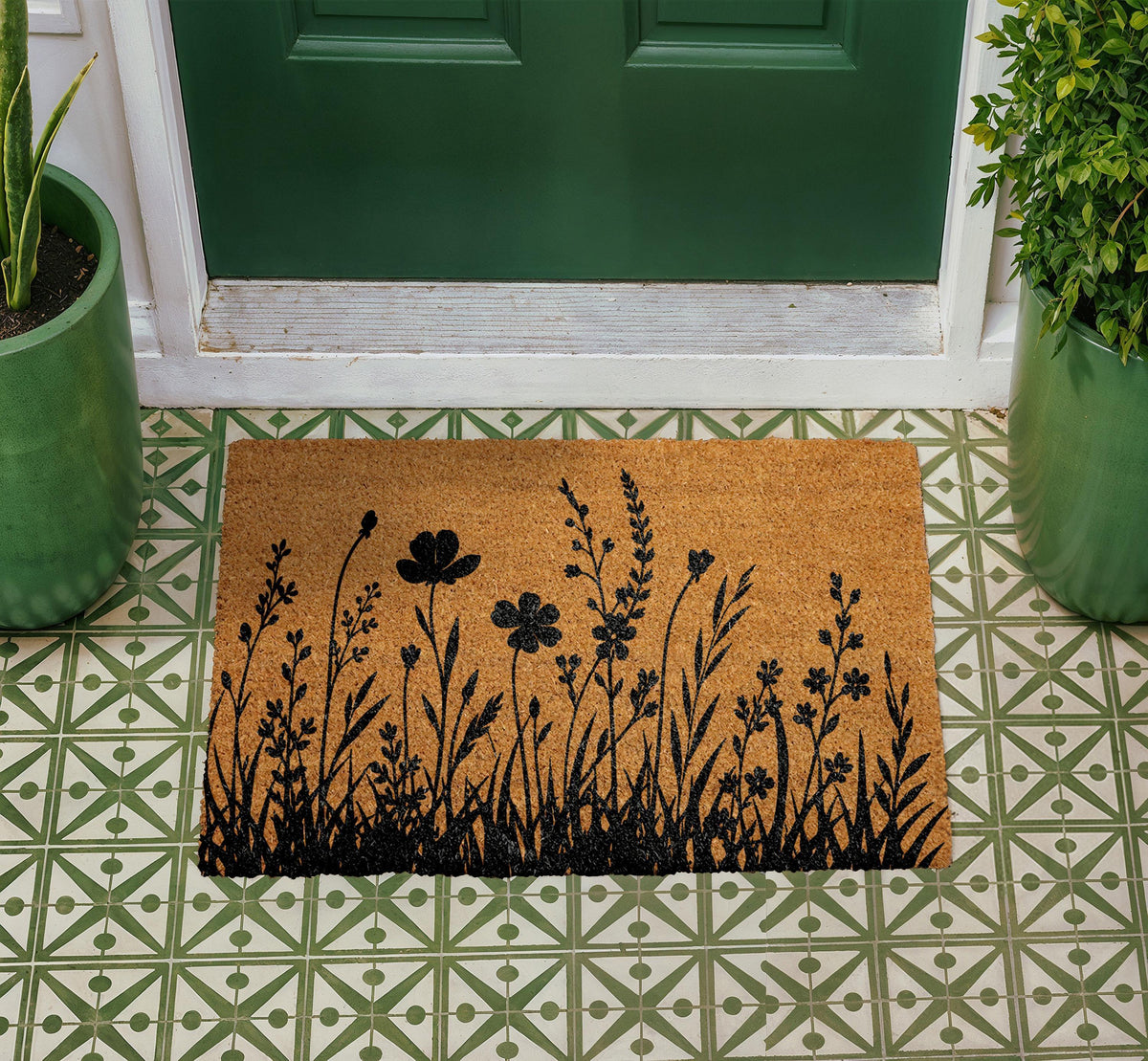 Natural Coir Floral Doormat, Black Silhouette Farmhouse Entryway Rug