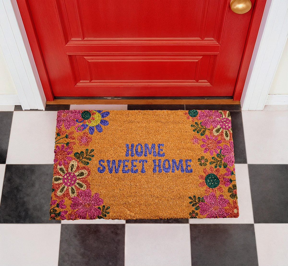 Home Sweet Home Doormat, Colorful Floral Botanical Coir Mat, Outdoor Entry Rug