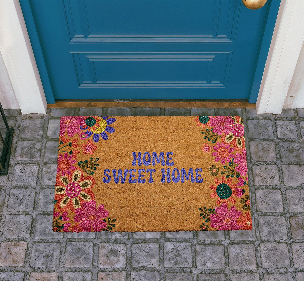 Home Sweet Home Doormat, Colorful Floral Botanical Coir Mat, Outdoor Entry Rug
