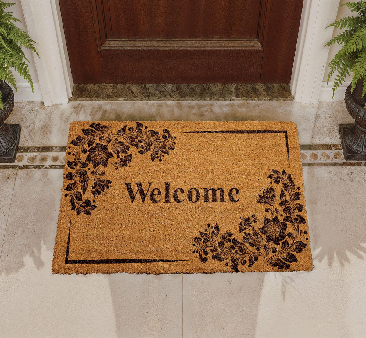 Natural Coir Floral Welcome Doormat, Rustic Farmhouse Entryway Rug
