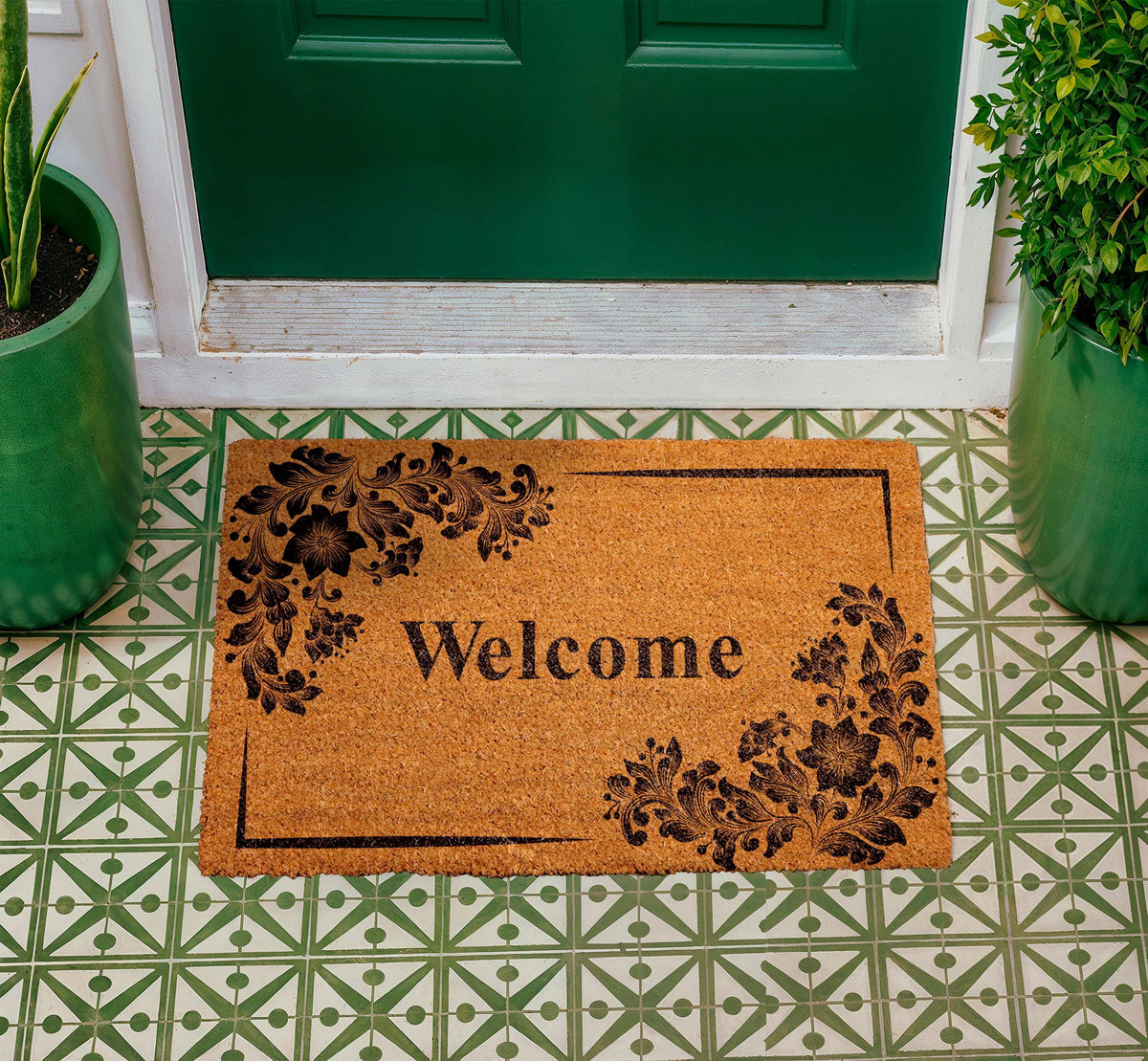 Natural Coir Floral Welcome Doormat, Rustic Farmhouse Entryway Rug