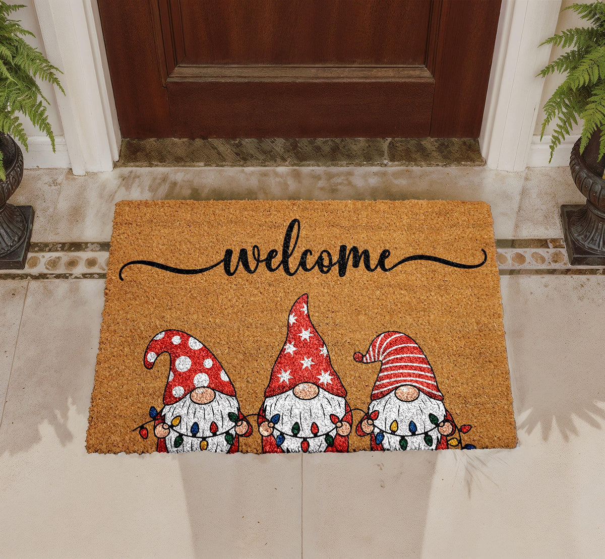 Christmas Gnomes Welcome Doormat, Natural Coir Outdoor Rug, Festive Porch Decor