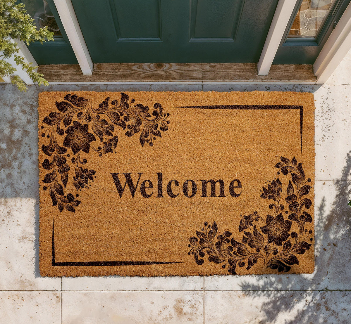 Natural Coir Floral Welcome Doormat, Rustic Farmhouse Entryway Rug