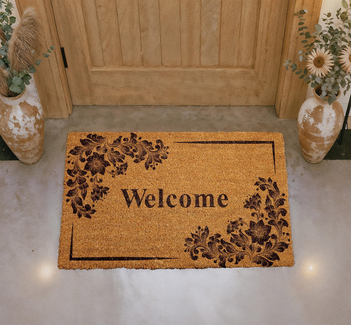 Natural Coir Floral Welcome Doormat, Rustic Farmhouse Entryway Rug