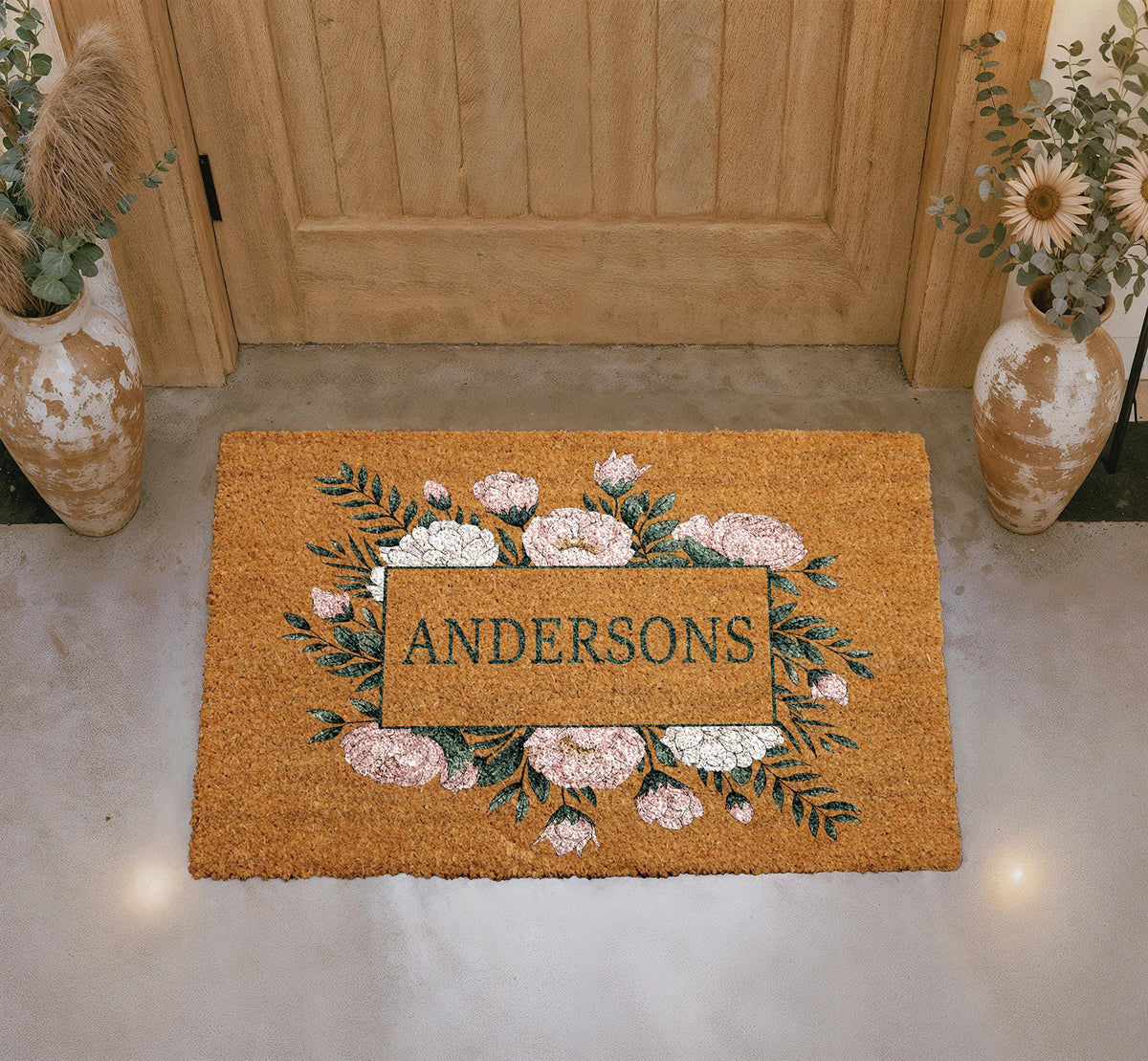 Personalized Floral Coir Doormat, Custom Family Name Welcome Mat (18"x30")