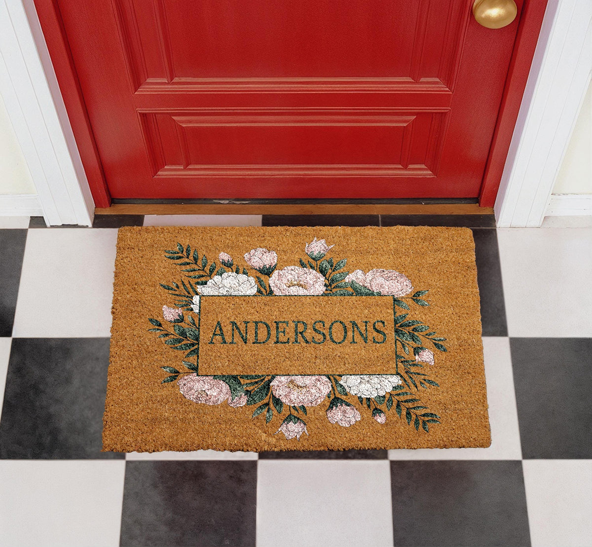 Personalized Floral Coir Doormat, Custom Family Name Welcome Mat (18"x30")
