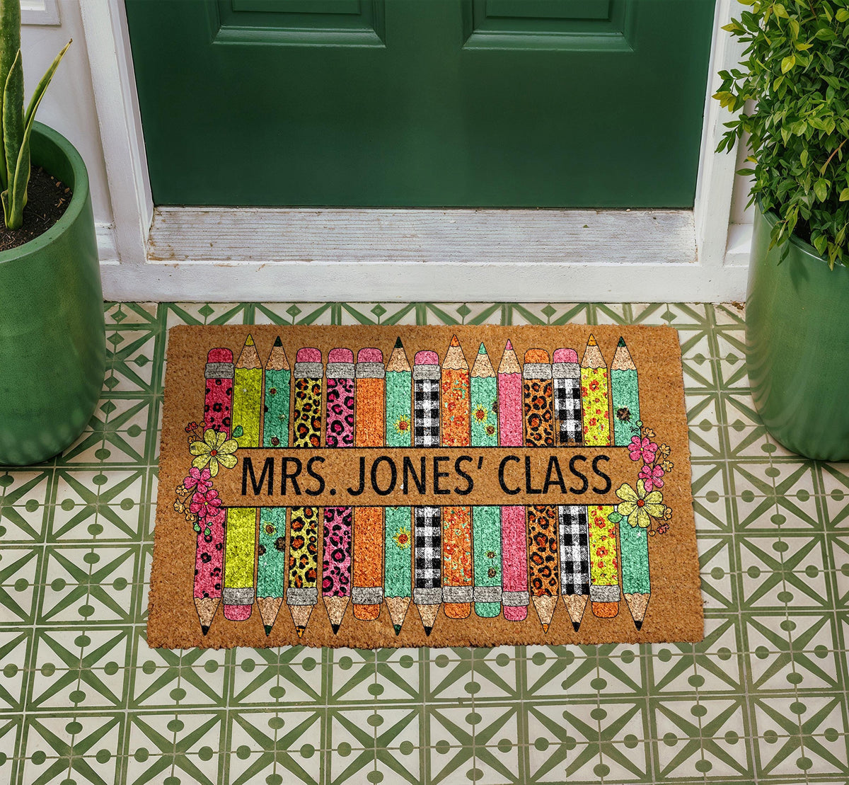 Personalized Teacher Classroom Doormat, Colorful Pencils Welcome Mat