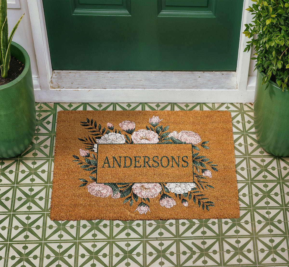 Personalized Floral Coir Doormat, Custom Family Name Welcome Mat (18"x30")