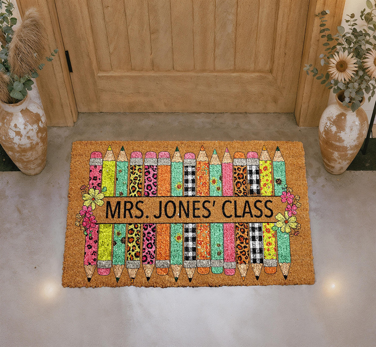 Personalized Teacher Classroom Doormat, Colorful Pencils Welcome Mat
